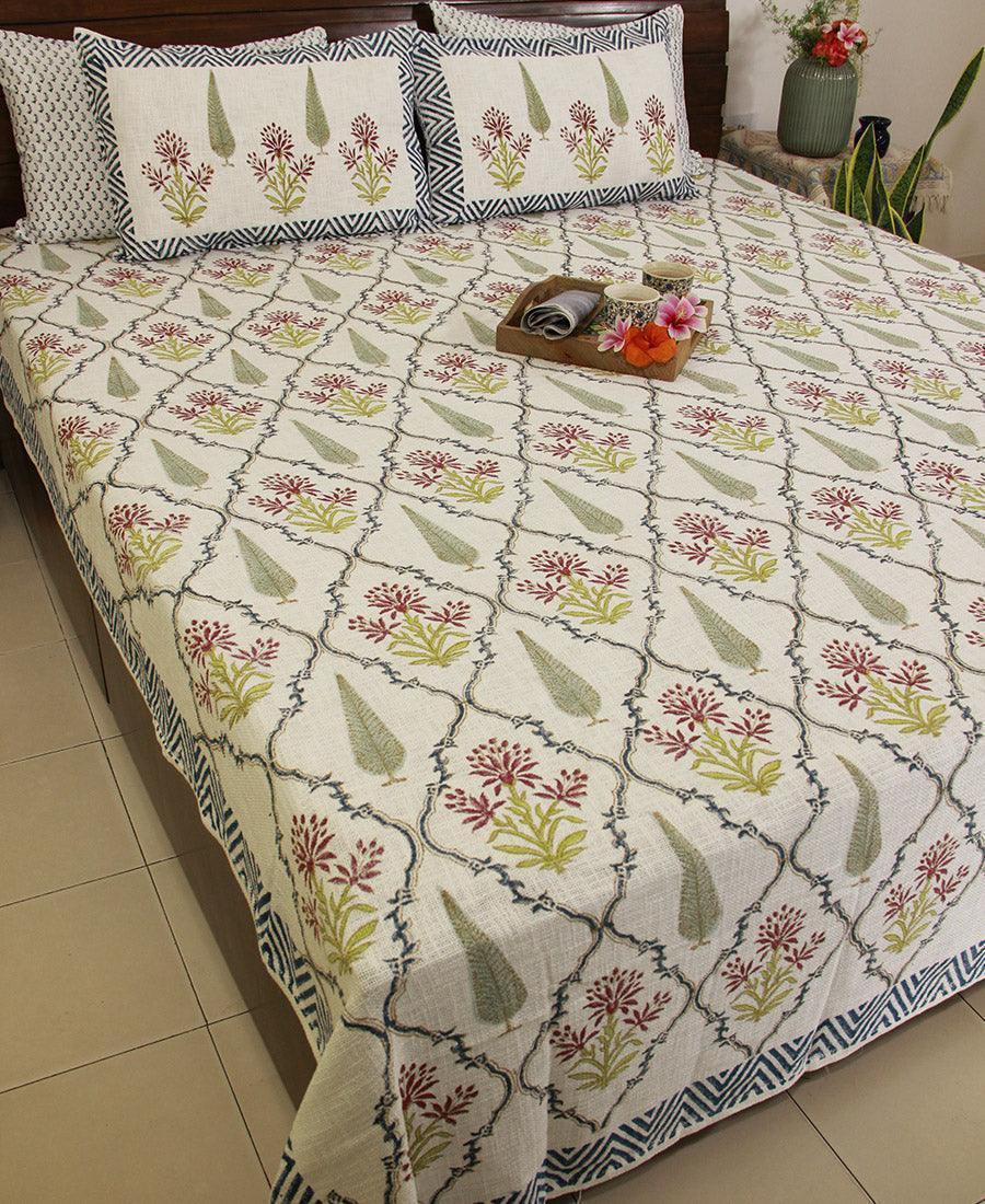 Jaipuri Jharookha | Bouquets with the Branch Bed Cover with 2 Pillow Cover Set - Moriyo Decor