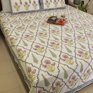 Jaipuri Jharookha | Bouquets with the Branch Bed Cover with 2 Pillow Cover Set - Moriyo Decor