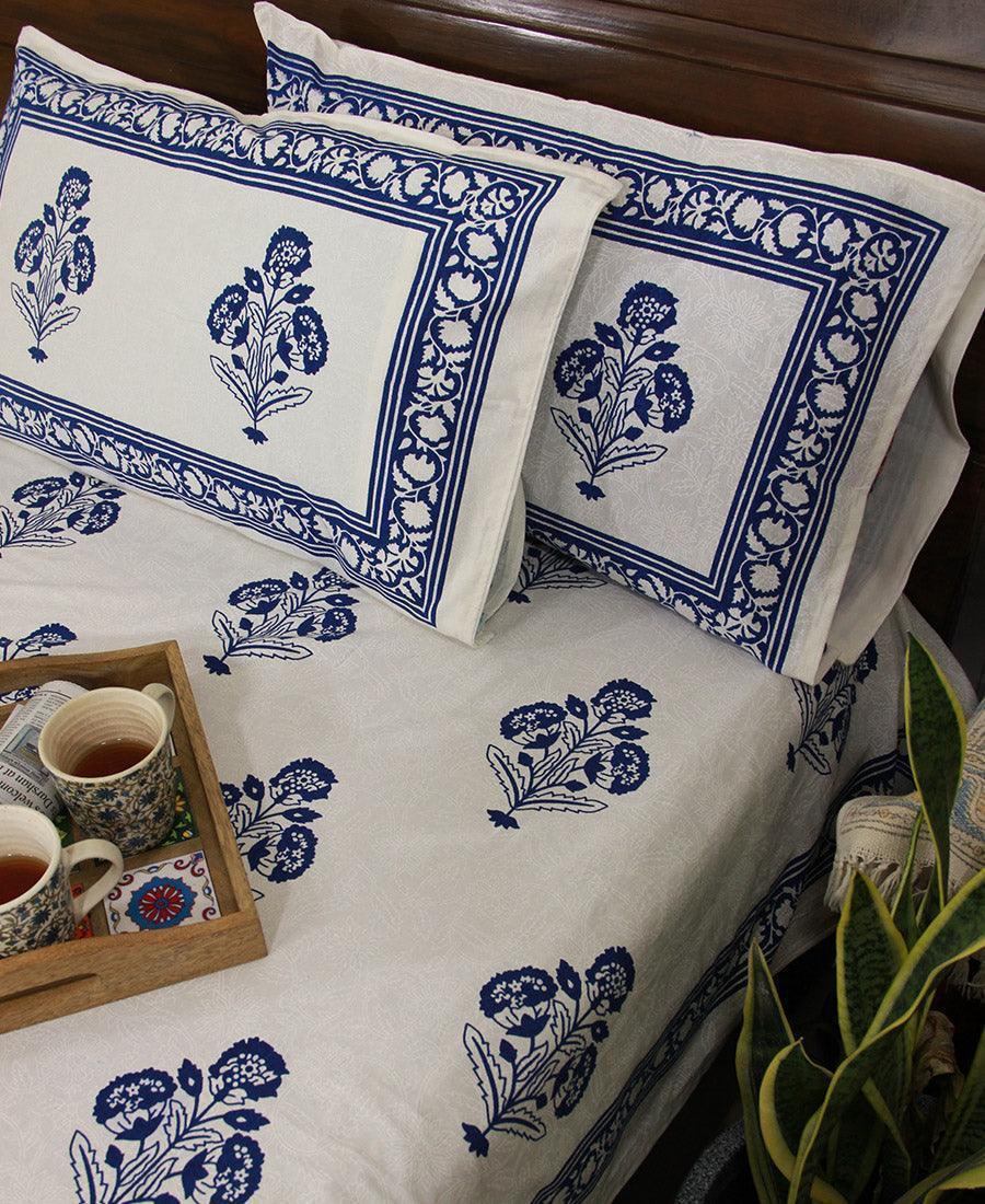 Royal Blue Marigold Bedsheet with 2 Pillow Cover Set -220TC - Moriyo Decor