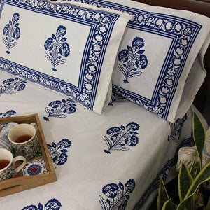 Royal Blue Marigold Bedsheet with 2 Pillow Cover Set -220TC - Moriyo Decor