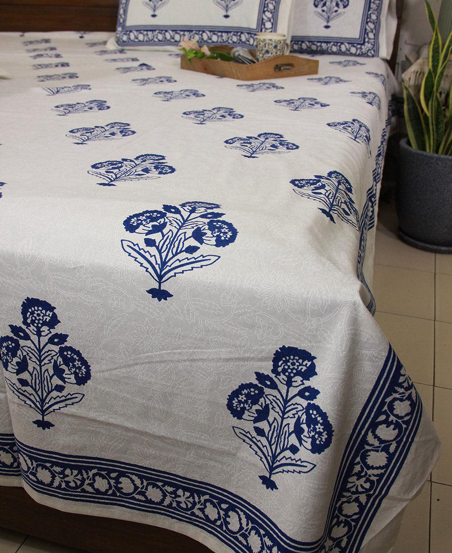 Royal Blue Marigold Bedsheet with 2 Pillow Cover Set -220TC - Moriyo Decor