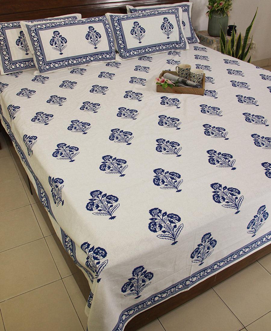 Royal Blue Marigold Bedsheet with 2 Pillow Cover Set -220TC - Moriyo Decor