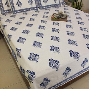 Royal Blue Marigold Bedsheet with 2 Pillow Cover Set -220TC - Moriyo Decor