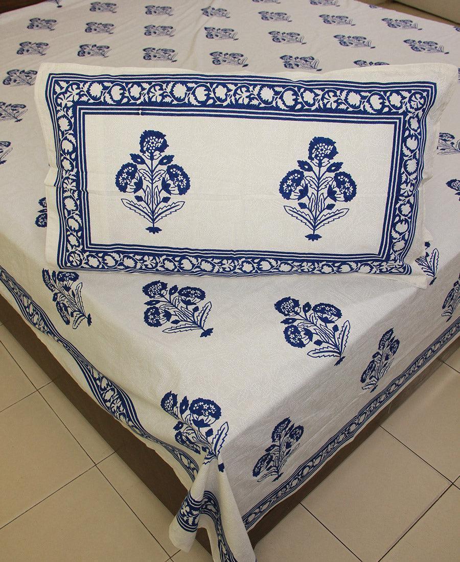 Royal Blue Marigold Bedsheet with 2 Pillow Cover Set -220TC - Moriyo Decor