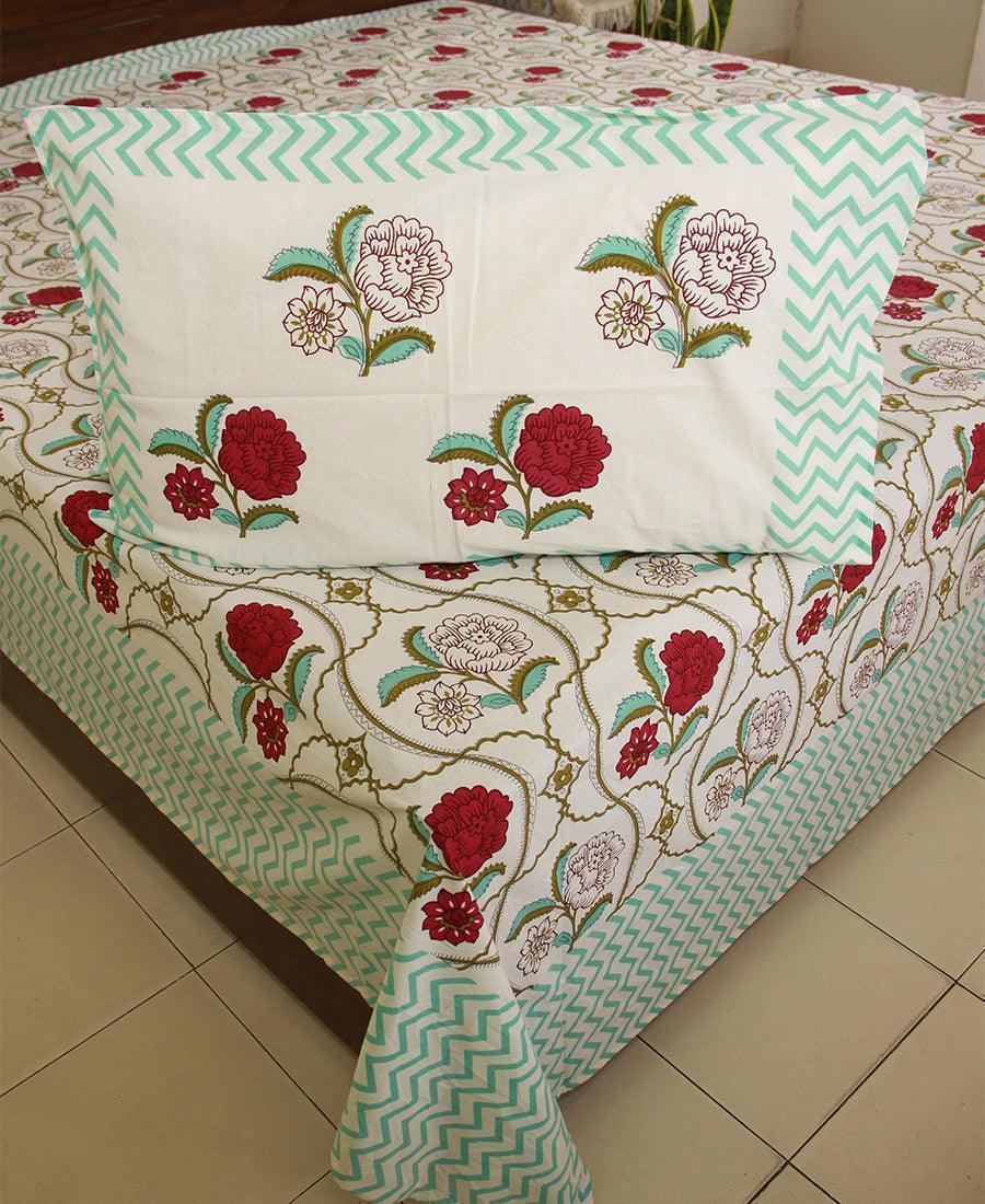 Red Chandramallika Bedsheet with 2 Pillow Cover Set - 220TC - Moriyo Decor