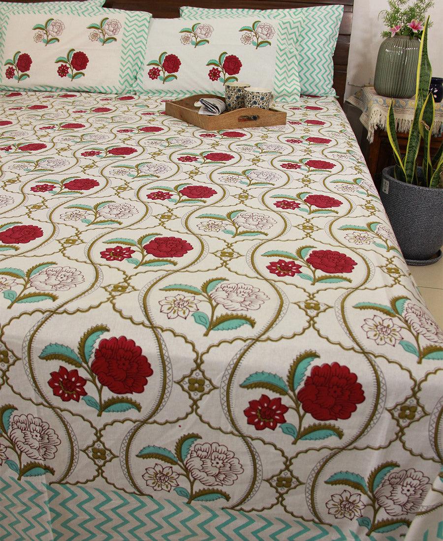 Red Chandramallika Bedsheet with 2 Pillow Cover Set - 220TC - Moriyo Decor