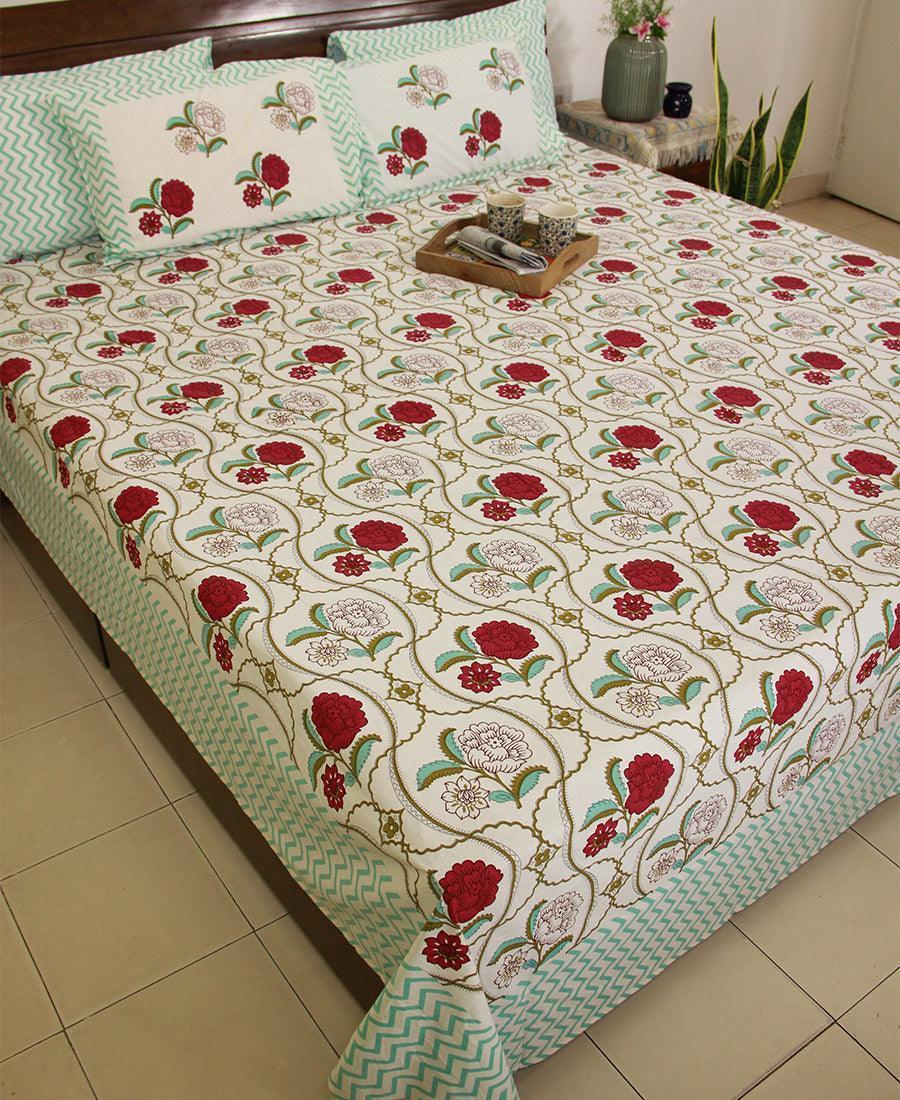 Red Chandramallika Bedsheet with 2 Pillow Cover Set - 220TC - Moriyo Decor