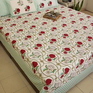 Red Chandramallika Bedsheet with 2 Pillow Cover Set - 220TC - Moriyo Decor