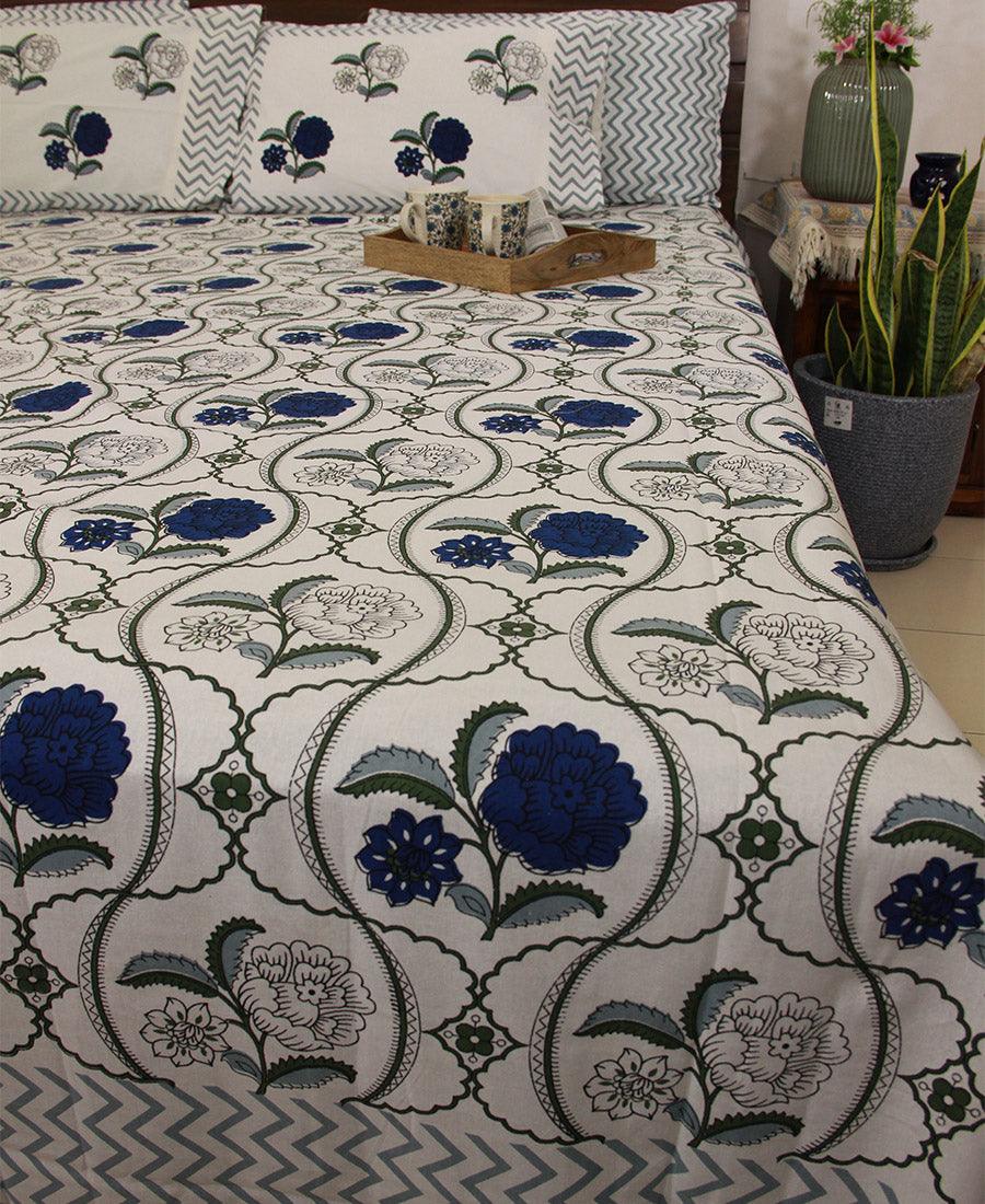 Blue Chandramallika Bedsheet with 2 Pillow Cover Set - 220TC - Moriyo Decor