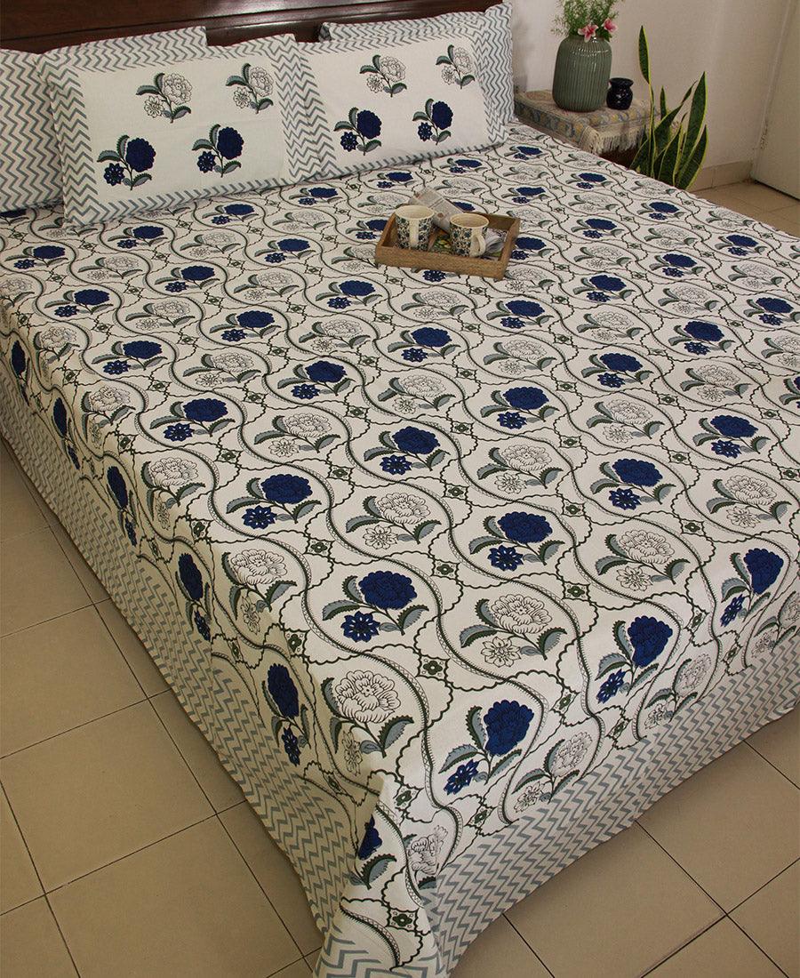 Blue Chandramallika Bedsheet with 2 Pillow Cover Set - 220TC - Moriyo Decor