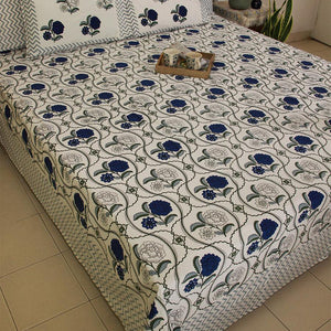 Blue Chandramallika Bedsheet with 2 Pillow Cover Set - 220TC - Moriyo Decor