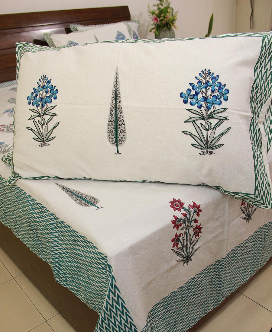 Blue Chameli Bedsheet with 2 Pillow Cover Set - 280TC - Moriyo Decor