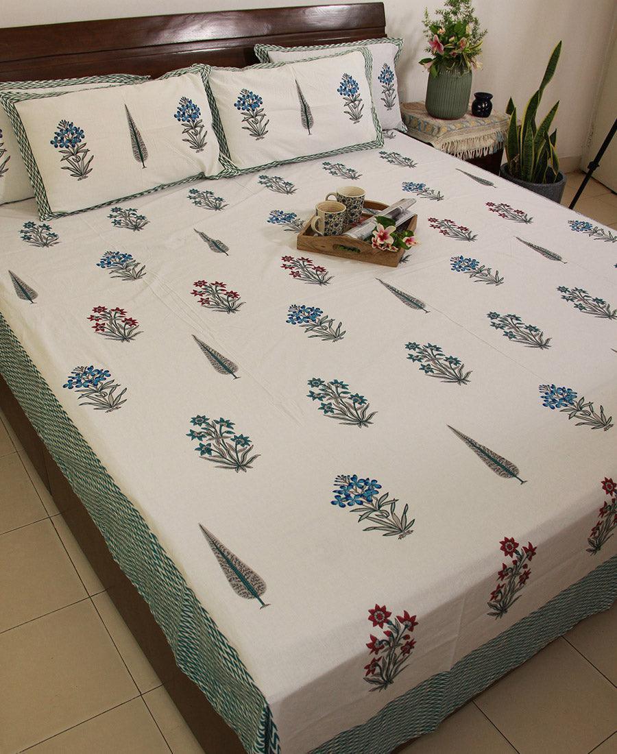 Blue Chameli Bedsheet with 2 Pillow Cover Set - 280TC - Moriyo Decor