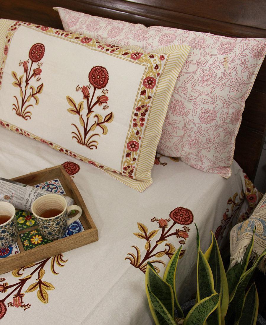 Red Suryamukhi Bedsheet with 2 Pillow Cover Set - 220TC - Moriyo Decor