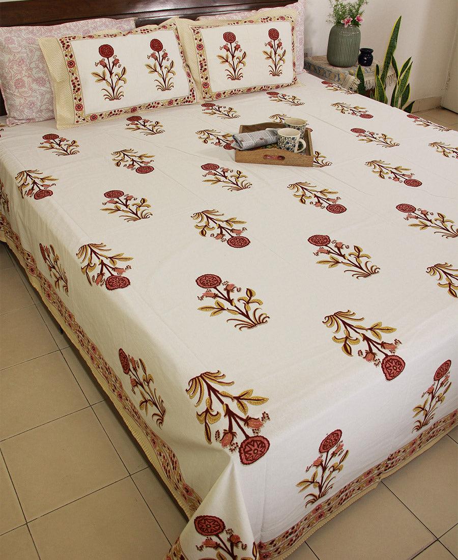 Red Suryamukhi Bedsheet with 2 Pillow Cover Set - 220TC - Moriyo Decor