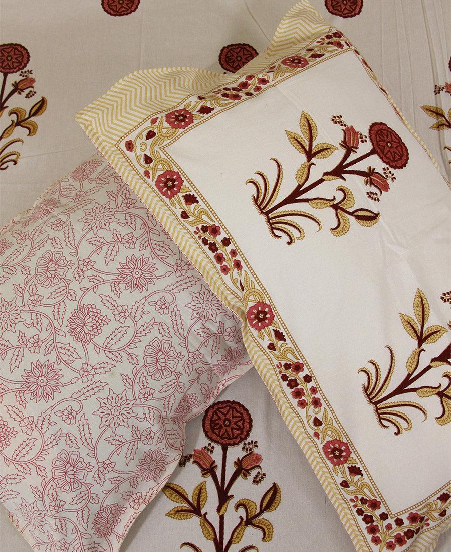 Red Suryamukhi Bedsheet with 2 Pillow Cover Set - 220TC - Moriyo Decor