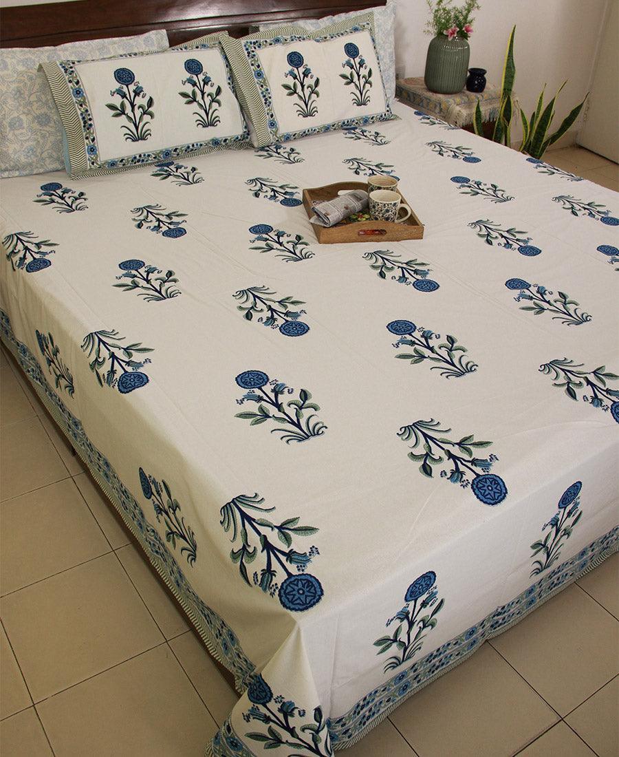 Blue Suryamukhi Bedsheet with 2 Pillow Cover Set - 220TC - Moriyo Decor