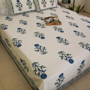 Blue Suryamukhi Bedsheet with 2 Pillow Cover Set - 220TC - Moriyo Decor