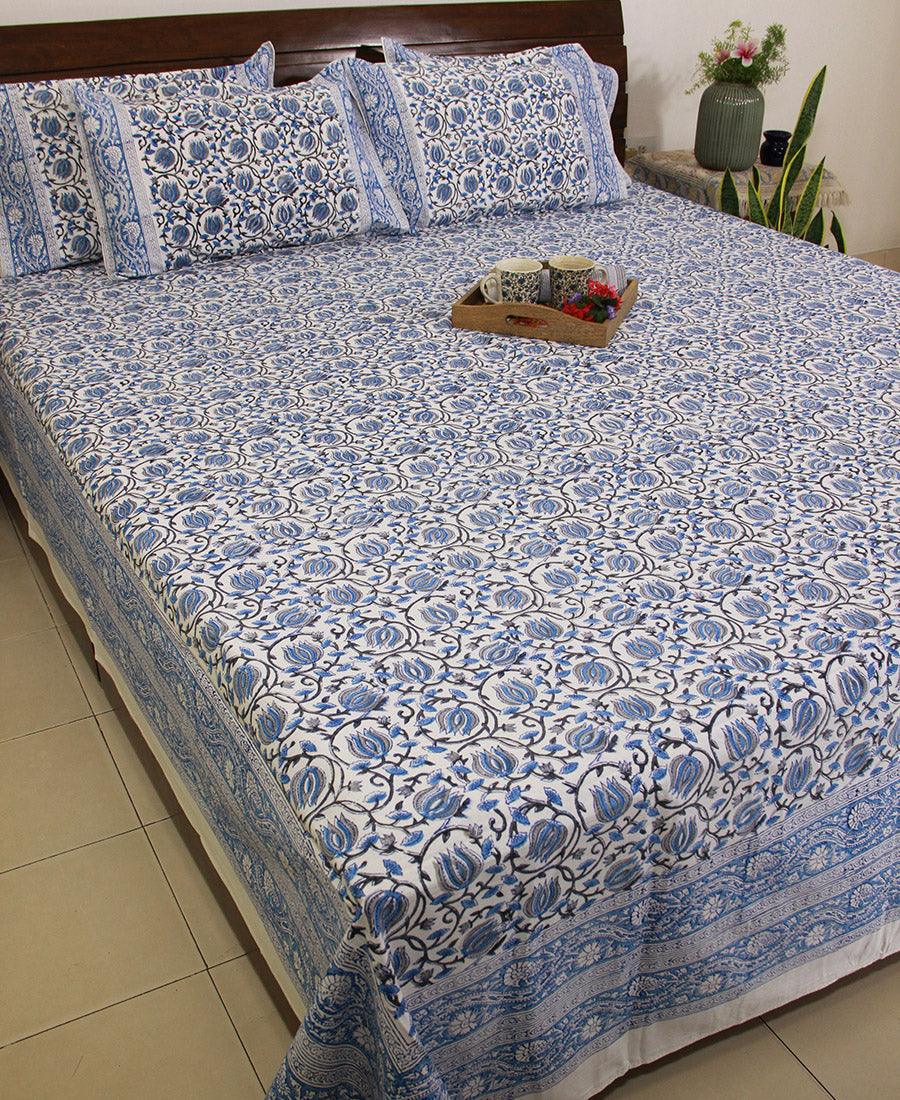 Gaandhar ke Neele Kamal Bedsheet with 2 Pillow Cover Set - 280TC - Moriyo Decor