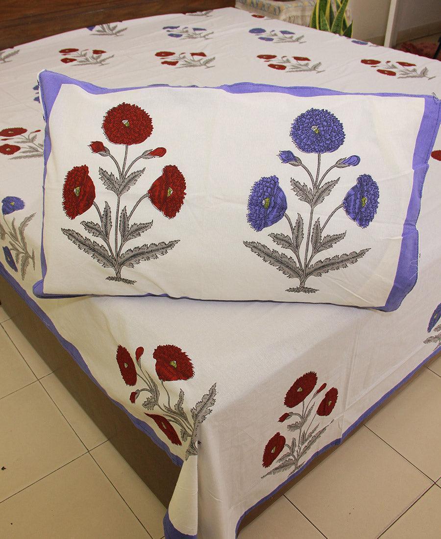 Violet & Red Marigold Bedsheet with 2 Pillow Cover Set - 280TC - Moriyo Decor