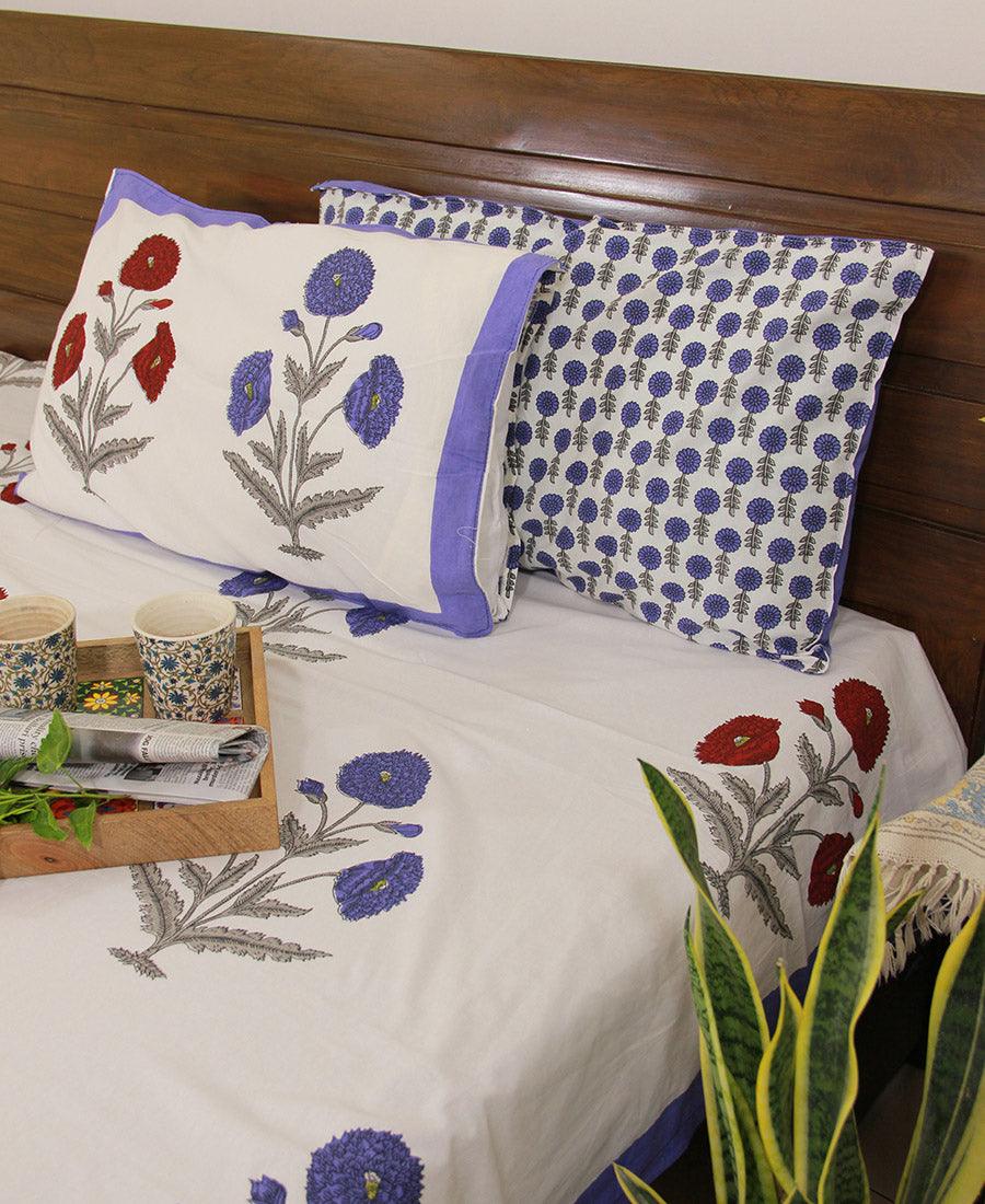 Violet & Red Marigold Bedsheet with 2 Pillow Cover Set - 280TC - Moriyo Decor