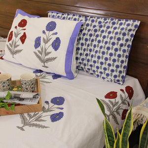 Violet & Red Marigold Bedsheet with 2 Pillow Cover Set - 280TC - Moriyo Decor