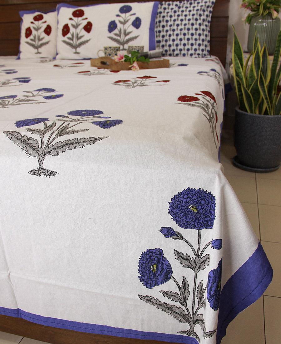 Violet & Red Marigold Bedsheet with 2 Pillow Cover Set - 280TC - Moriyo Decor