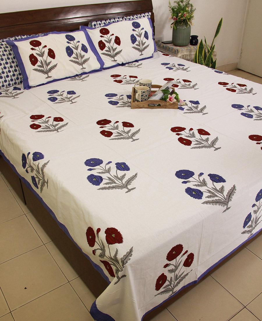 Violet & Red Marigold Bedsheet with 2 Pillow Cover Set - 280TC - Moriyo Decor