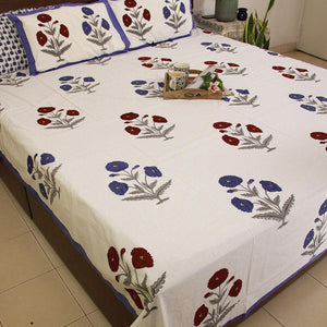 Violet & Red Marigold Bedsheet with 2 Pillow Cover Set - 280TC - Moriyo Decor