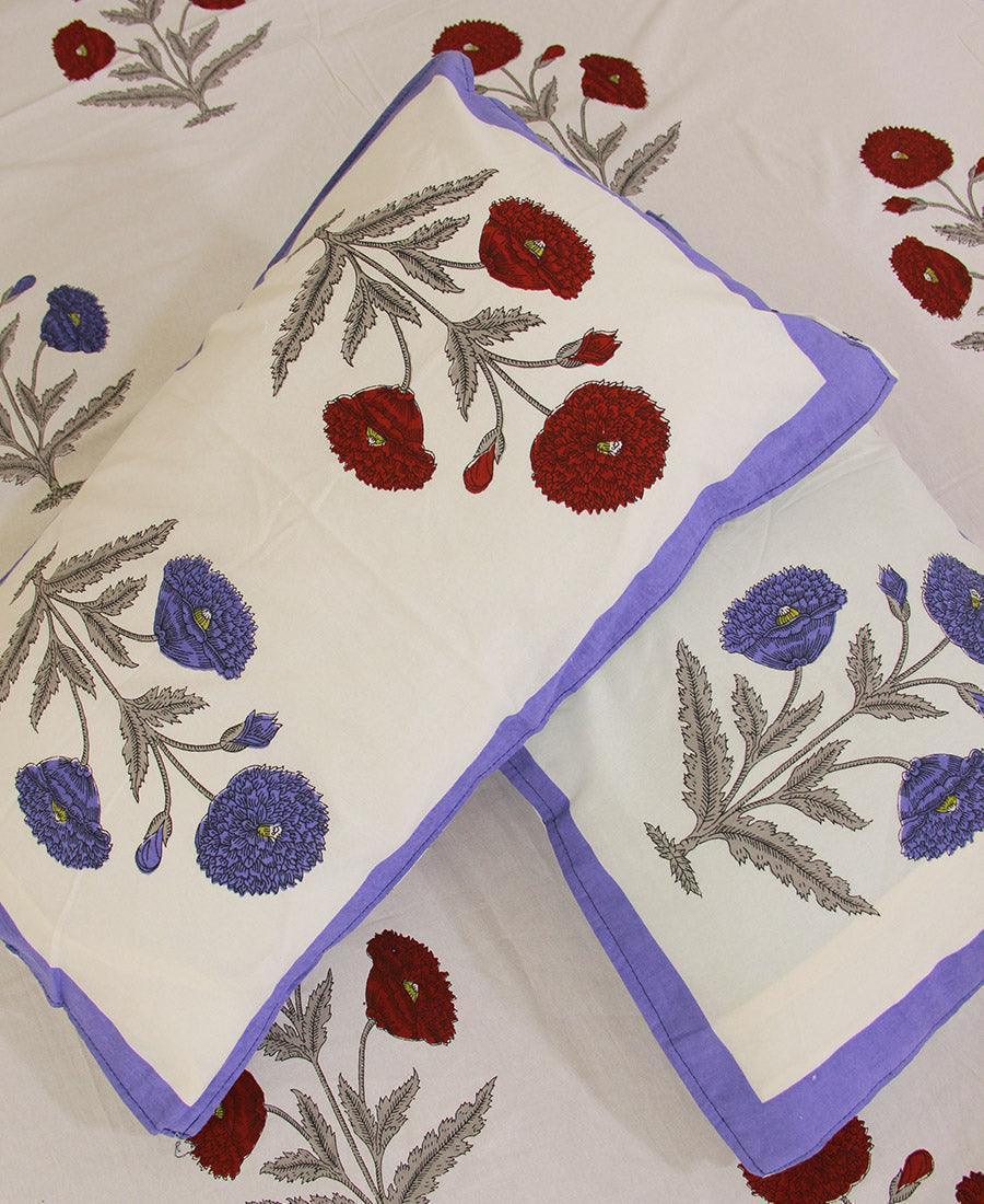 Violet & Red Marigold Bedsheet with 2 Pillow Cover Set - 280TC - Moriyo Decor