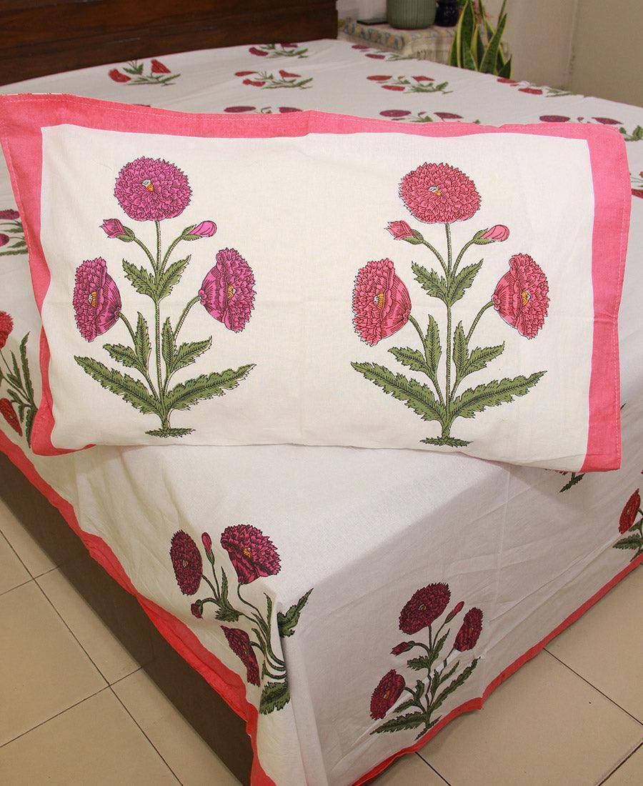 Pink & Magenta Marigold Bedsheet with 2 Pillow Cover Set - 280TC - Moriyo Decor