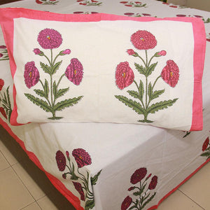 Pink & Magenta Marigold Bedsheet with 2 Pillow Cover Set - 280TC - Moriyo Decor