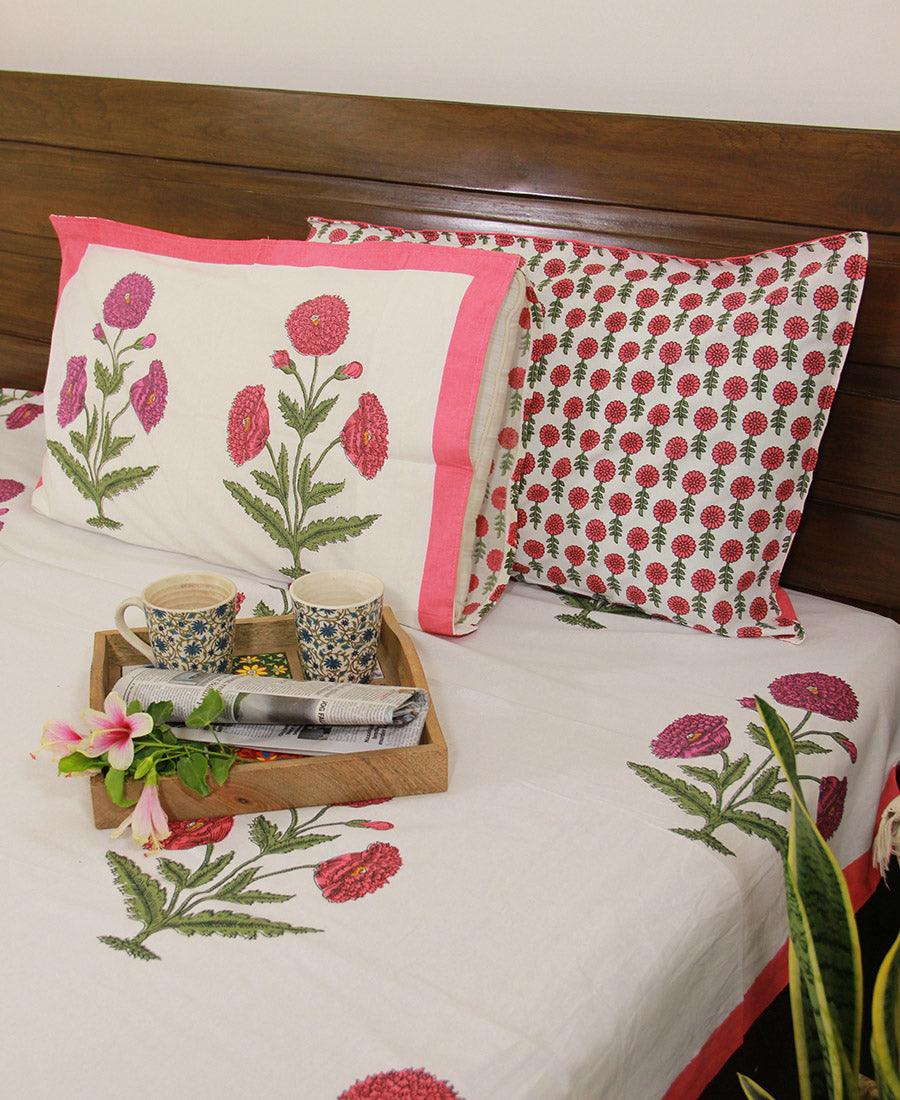 Pink & Magenta Marigold Bedsheet with 2 Pillow Cover Set - 280TC - Moriyo Decor