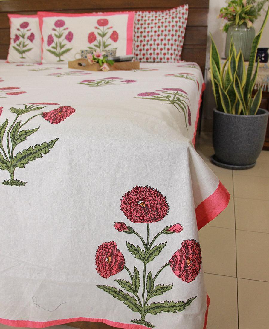 Pink & Magenta Marigold Bedsheet with 2 Pillow Cover Set - 280TC - Moriyo Decor