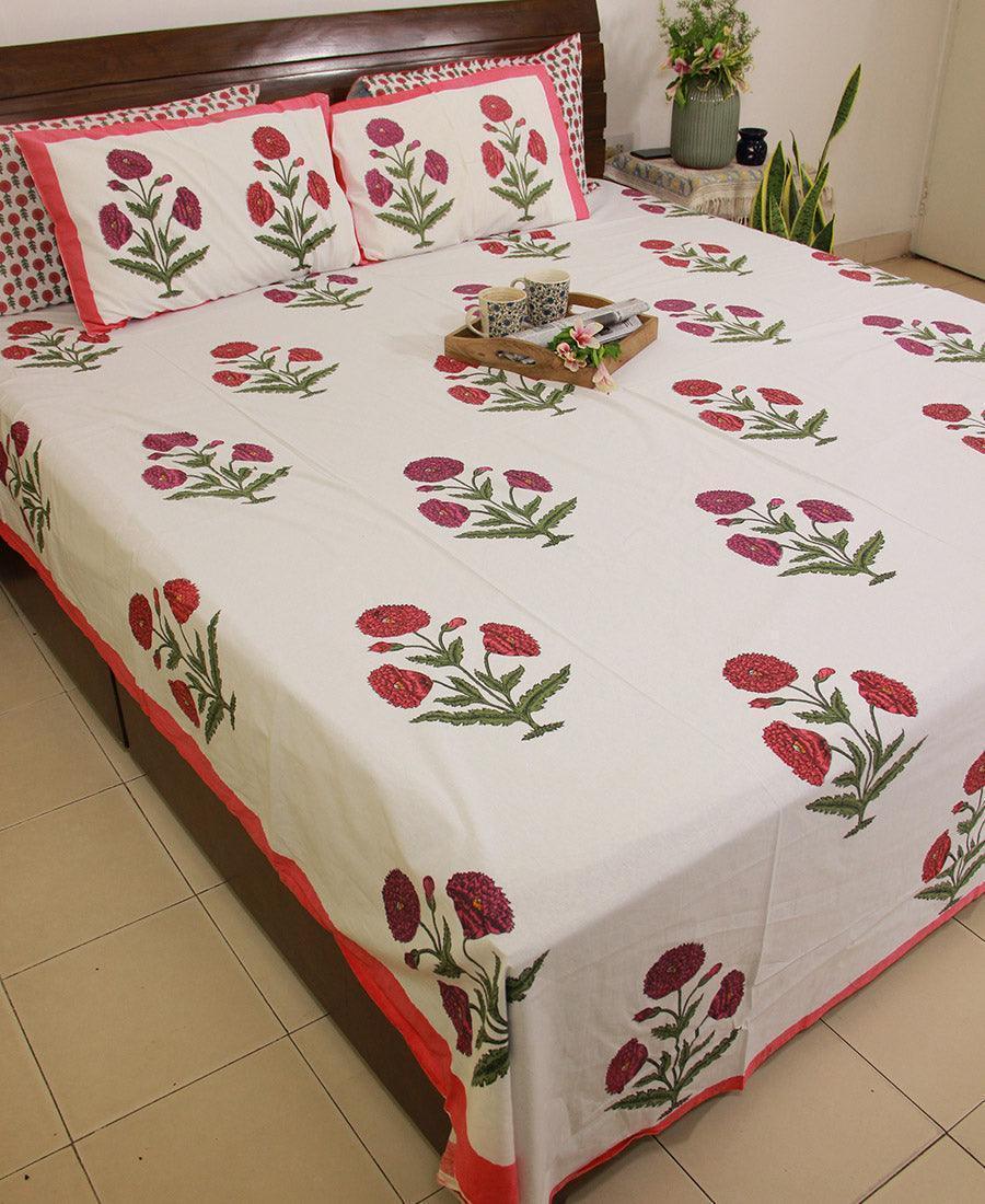 Pink & Magenta Marigold Bedsheet with 2 Pillow Cover Set - 280TC - Moriyo Decor