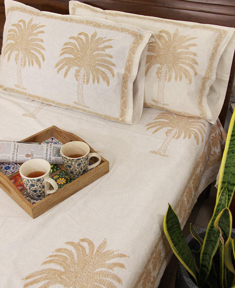 Sandy Yellow Palm Bedsheet with 2 Pillow Cover Set - 220TC - Moriyo Decor