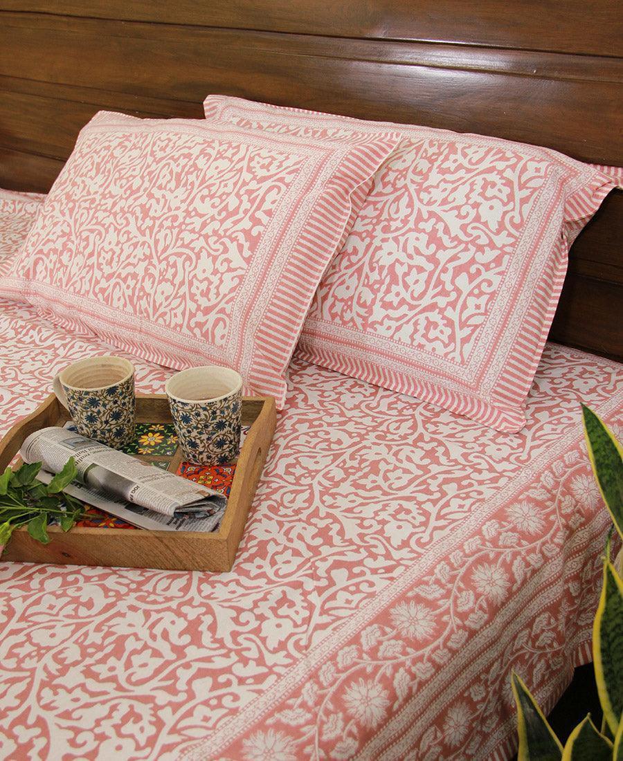 Pink Jaali Bedsheet with 2 Pillow Cover Set - 220TC - Moriyo Decor