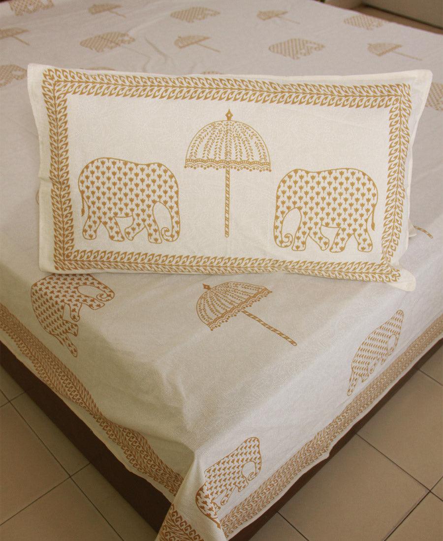 Sandy Yellow Haathi with Umbrella Bedsheet with 2 Pillow Cover Set - 220TC - Moriyo Decor