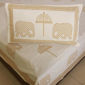 Sandy Yellow Haathi with Umbrella Bedsheet with 2 Pillow Cover Set - 220TC - Moriyo Decor