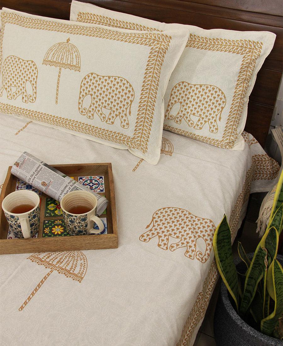 Sandy Yellow Haathi with Umbrella Bedsheet with 2 Pillow Cover Set - 220TC - Moriyo Decor