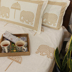 Sandy Yellow Haathi with Umbrella Bedsheet with 2 Pillow Cover Set - 220TC - Moriyo Decor