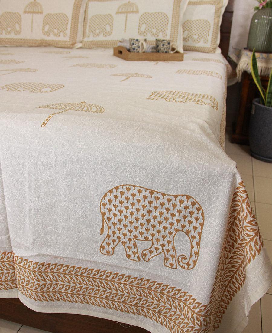 Sandy Yellow Haathi with Umbrella Bedsheet with 2 Pillow Cover Set - 220TC - Moriyo Decor