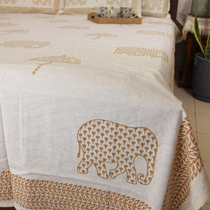 Sandy Yellow Haathi with Umbrella Bedsheet with 2 Pillow Cover Set - 220TC - Moriyo Decor