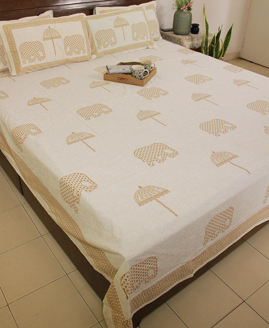 Sandy Yellow Haathi with Umbrella Bedsheet with 2 Pillow Cover Set - 220TC - Moriyo Decor