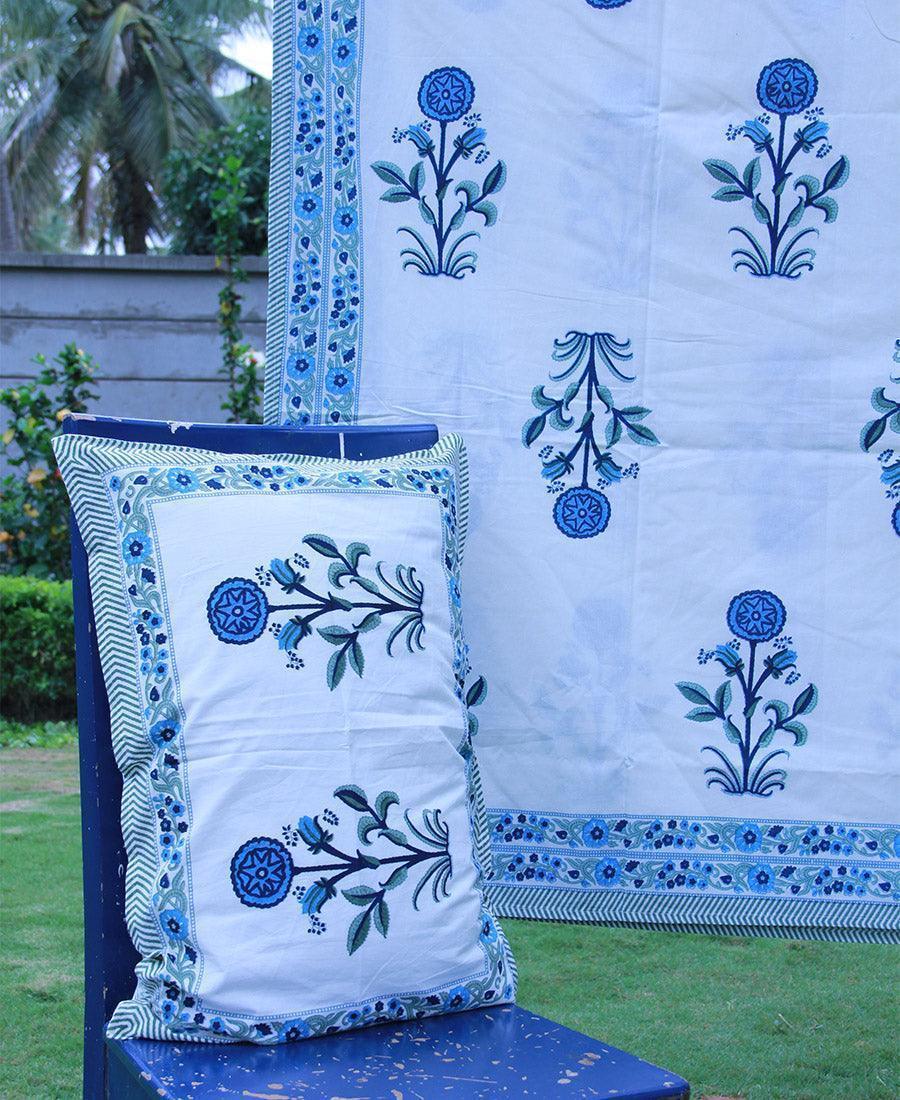 Blue Suryamukhi Bedsheet with 2 Pillow Cover Set - 220TC - Moriyo Decor