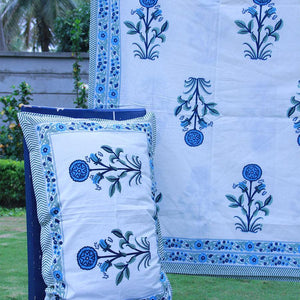 Blue Suryamukhi Bedsheet with 2 Pillow Cover Set - 220TC - Moriyo Decor