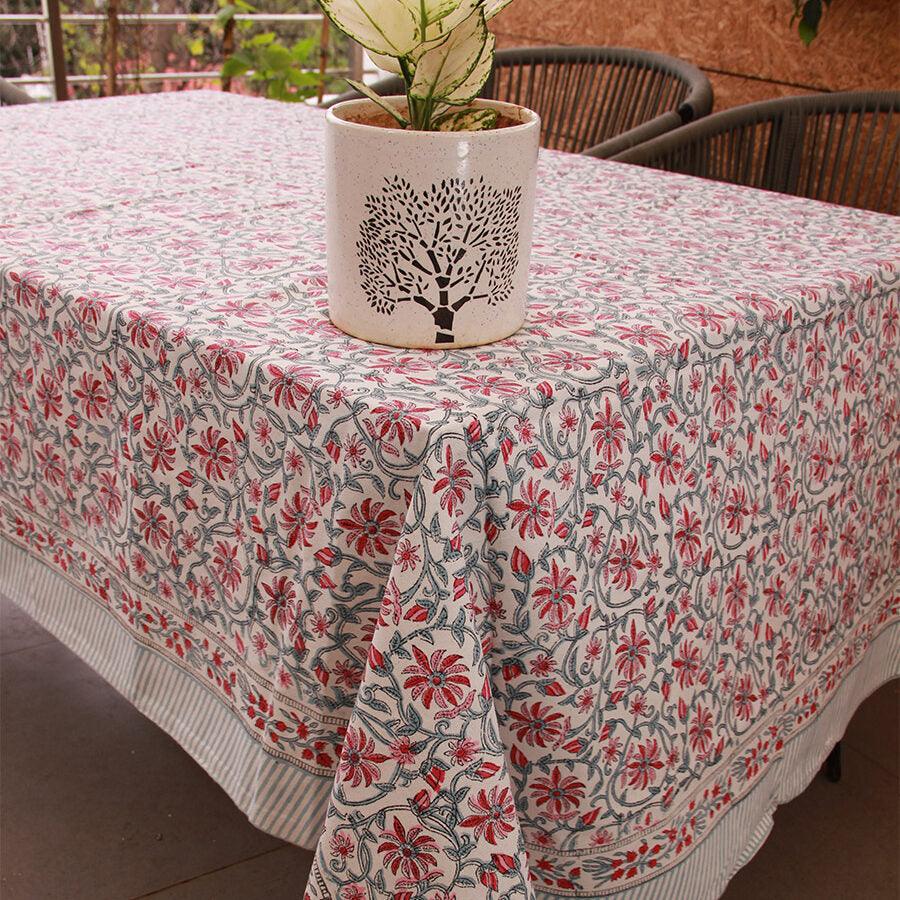 Pink Jaali Floral Hand Block Cotton Canvas Rectangle  Table Cover / Cloth