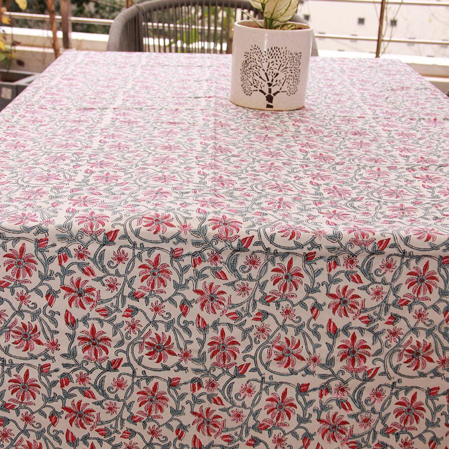 Pink Jaali Floral Hand Block Cotton Canvas Rectangle  Table Cover / Cloth