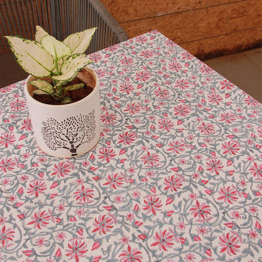 Pink Jaali Floral Hand Block Cotton Canvas Rectangle  Table Cover / Cloth