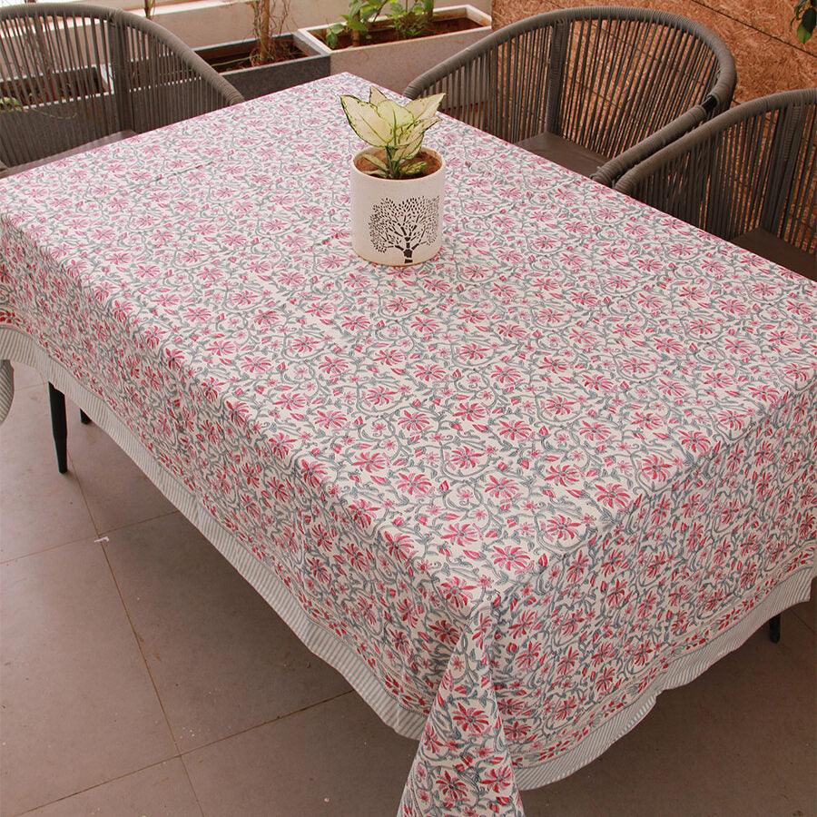 Pink Jaali Floral Hand Block Cotton Canvas Rectangle  Table Cover / Cloth